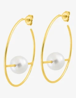 Boucles d'oreilles demi-créoles 40 mm plaqué or, barre horizontale avec perle d'imitation 10 mm SO OR
