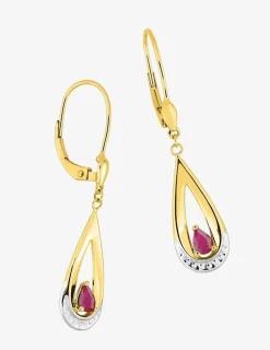 Boucles d'oreilles dormeuses gouttes or jaune 750 ‰, rubis et rhodium SO OR