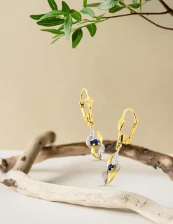 Boucles d'oreilles dormeuses or jaune 750 ‰, saphir et rhodium SO OR