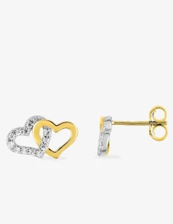Boucles d'oreilles double cœur en or jaune 375‰ rhodié et oxyde de zirconium SO OR