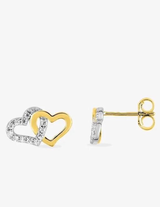 Boucles d'oreilles double cœur en or jaune 375‰ rhodié et oxyde de zirconium SO OR