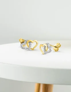 Boucles d'oreilles double cœur en or jaune 375‰ rhodié et oxyde de zirconium SO OR
