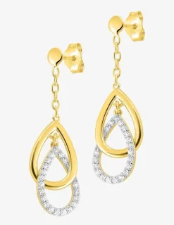 Boucles d'oreilles double goutte or jaune 375‰, rhodium et oxydes de zirconium SO OR