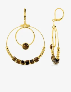 Boucles d'oreilles fantaisie œil de tigre et acier doré SO OR