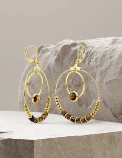 Boucles d'oreilles fantaisie œil de tigre et acier doré SO OR