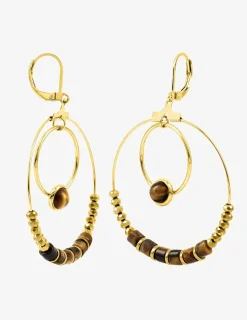Boucles d'oreilles fantaisie œil de tigre et acier doré SO OR