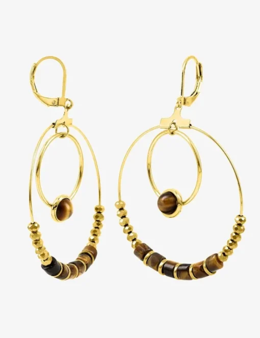 Boucles d'oreilles fantaisie œil de tigre et acier doré SO OR