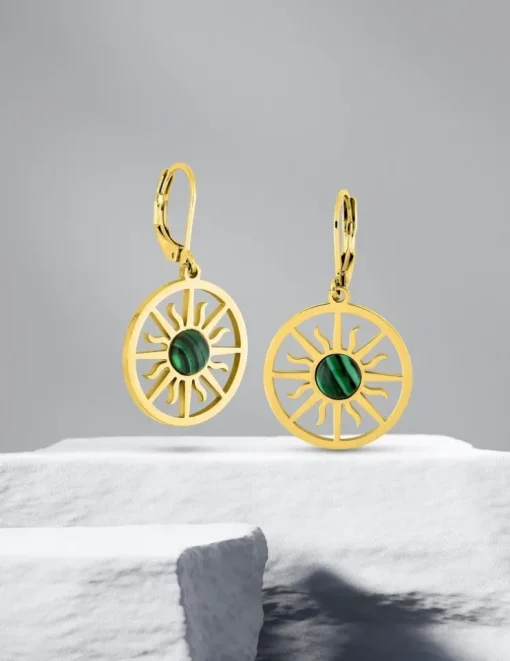 Boucles d'oreilles fantaisie dormeuse, acier doré et malachite synthétique SO OR