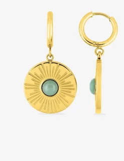 Boucles d'oreilles fantaisie ronde acier doré, agate verte SO OR