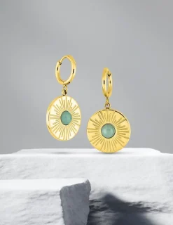 Boucles d'oreilles fantaisie ronde acier doré, agate verte SO OR