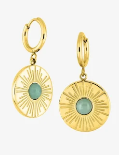 Boucles d'oreilles fantaisie ronde acier doré, agate verte SO OR