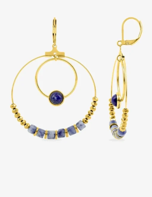 Boucles d'oreilles fantaisie lapis-lazuli bleu et acier doré SO OR