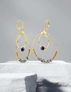 Boucles d'oreilles fantaisie lapis-lazuli bleu et acier doré SO OR