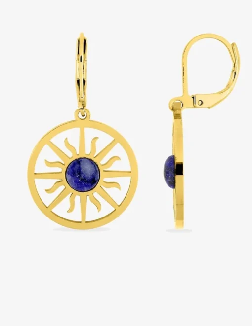 Boucles d'oreilles fantaisie dormeuse, acier doré et lapis-lazuli bleu SO OR