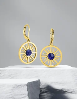 Boucles d'oreilles fantaisie dormeuse, acier doré et lapis-lazuli bleu SO OR