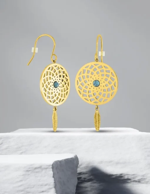 Boucles d'oreilles fantaisie pendant en acier doré et turquoise SO OR