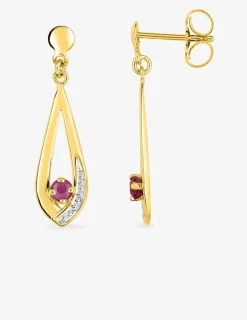 Boucles d'oreilles feuille or jaune 750‰ rhodium et rubis SO OR
