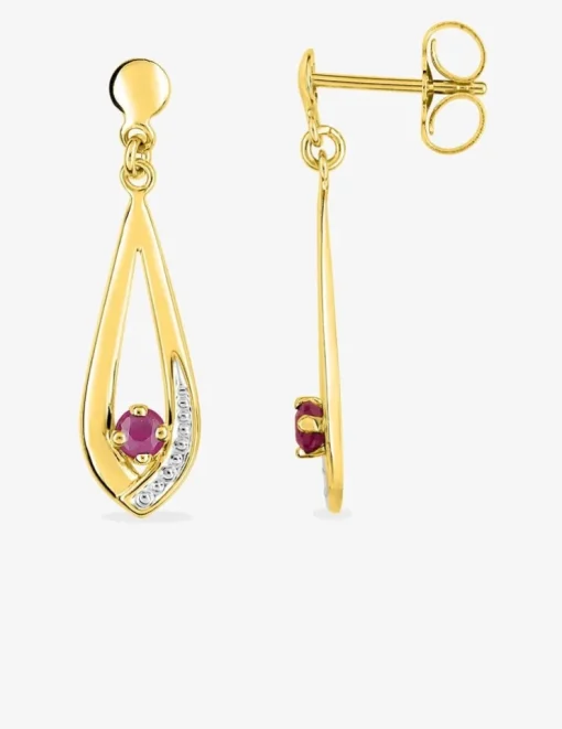 Boucles d'oreilles feuille or jaune 750‰ rhodium et rubis SO OR