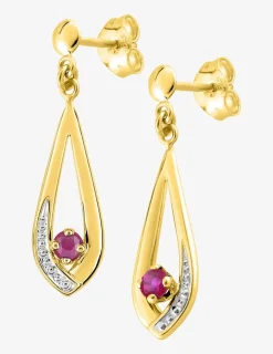 Boucles d'oreilles feuille or jaune 750‰ rhodium et rubis SO OR