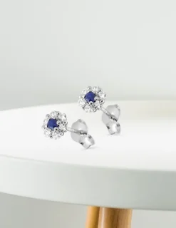Boucles d'oreilles fleur or blanc 375‰, saphir et oxyde de zirconium SO OR