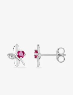 Boucles d'oreilles fleurs or blanc 375‰, rubis et oxydes de zirconium SO OR