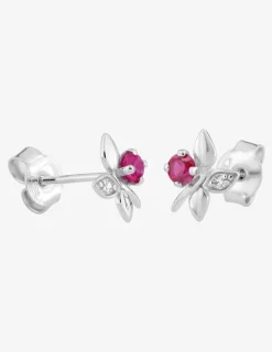 Boucles d'oreilles fleurs or blanc 375‰, rubis et oxydes de zirconium SO OR