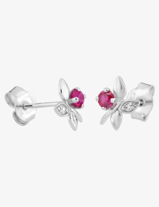 Boucles d'oreilles fleurs or blanc 375‰, rubis et oxydes de zirconium SO OR
