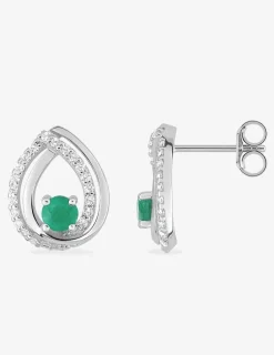 Boucles d'oreilles goutte or blanc 375‰, émeraude et oxydes de zirconium SO OR