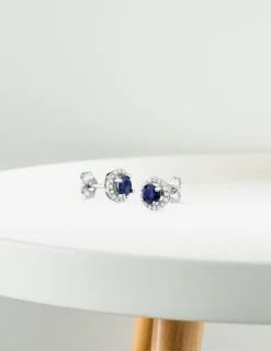 Boucles d'oreilles or blanc 375‰, saphir et oxyde de zirconium SO OR