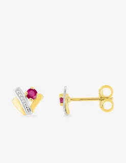 Boucles d'oreilles or jaune 375 ‰, rhodium et rubis serti griffes SO OR