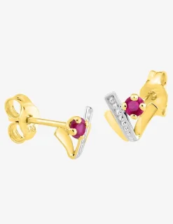 Boucles d'oreilles or jaune 375 ‰, rhodium et rubis serti griffes SO OR