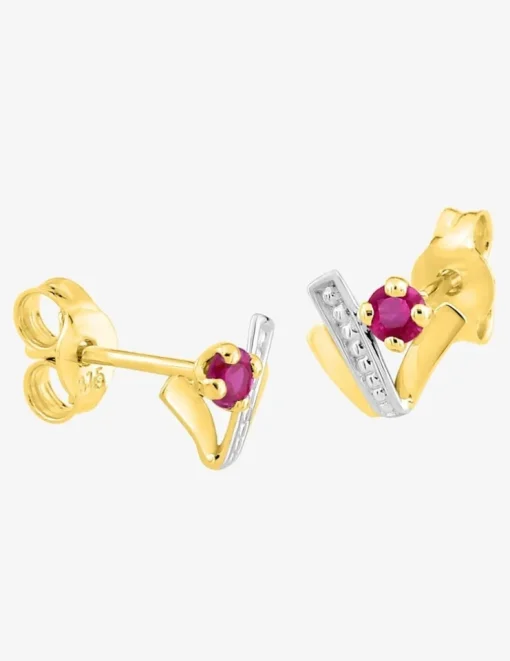 Boucles d'oreilles or jaune 375 ‰, rhodium et rubis serti griffes SO OR