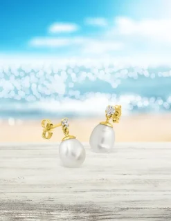 Boucles d'oreilles or jaune 375‰ et perle 7 mm et oxyde de zirconium SO OR