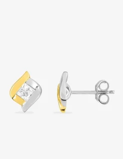 Boucles d'oreilles or jaune 750 ‰, oxyde de zirconium carré et rhodium SO OR