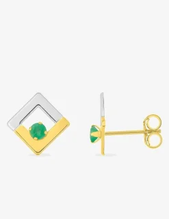 Boucles d'oreilles or jaune 375 ‰, clous, rhodium et émeraude SO OR
