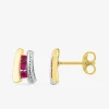 Boucles d'oreilles or jaune 375 ‰, rhodium et trilogie de rubis SO OR
