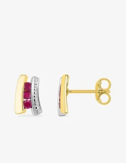 Boucles d'oreilles or jaune 375 ‰, rhodium et trilogie de rubis SO OR