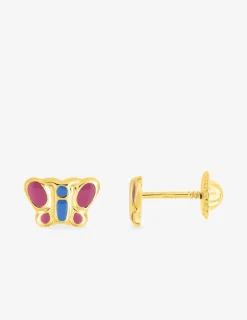 Boucles d'oreilles papillon rose or jaune 750‰ et laque fermoir vis SO OR