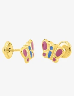 Boucles d'oreilles papillon rose or jaune 750‰ et laque fermoir vis SO OR