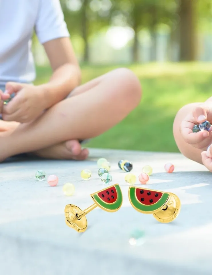 Boucles d'oreilles pastèques or jaune 375‰ et laque SO OR