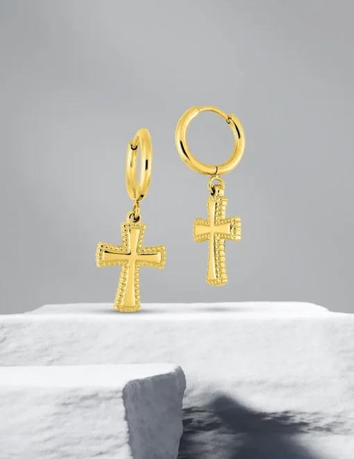 Boucles d’oreilles pendantes croix en acier doré SO OR