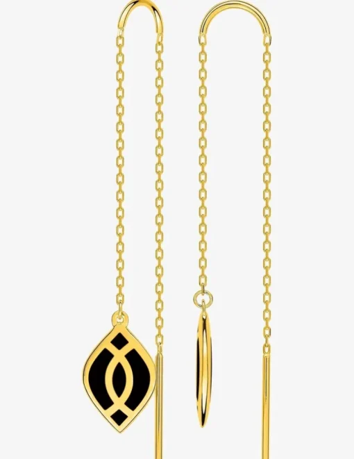 Boucles d'oreilles pendantes Ondine Or jaune 375‰ et motif laque noir de jais SO OR