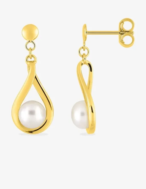 Boucles d'oreilles pendantes or jaune 375 ‰, perle de culture d'eau douce 5 mm SO OR