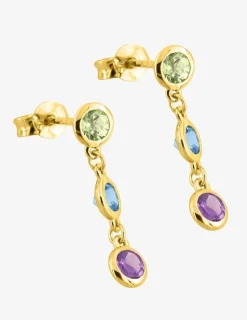 Boucles d'oreilles pendantes or jaune 375‰, améthyste, péridot et topaze bleue SO OR