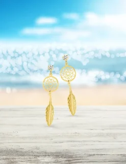 Boucles d'oreilles pendantes attrape-rêve en or jaune 375‰ et oxyde de zirconium SO OR