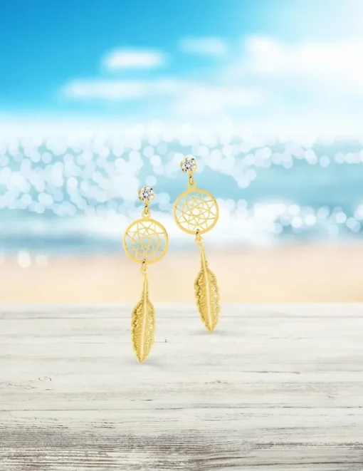 Boucles d'oreilles pendantes attrape-rêve en or jaune 375‰ et oxyde de zirconium SO OR