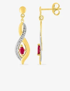 Boucles d'oreilles pendantes or jaune 375 ‰, rhodium et rubis SO OR