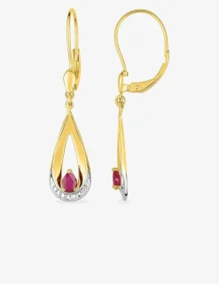 Boucles d'oreilles pendantes or jaune 375 ‰, rhodium et rubis forme poire SO OR