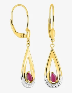 Boucles d'oreilles pendantes or jaune 375 ‰, rhodium et rubis forme poire SO OR