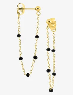 Boucles d'oreilles pendantes chaîne acier doré et cristaux synthétiques noirs SO OR